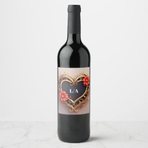 Golden Ornamental Heart Wreath With Red Flowers Wine Label