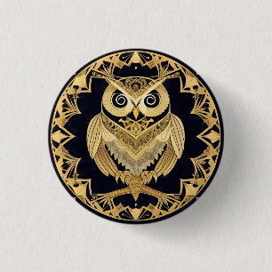 Golden Ornamental Owl with Decorative Design 3 Cm Round Badge