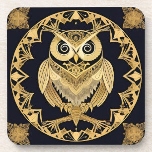 Golden Ornamental Owl with Decorative Design Coaster