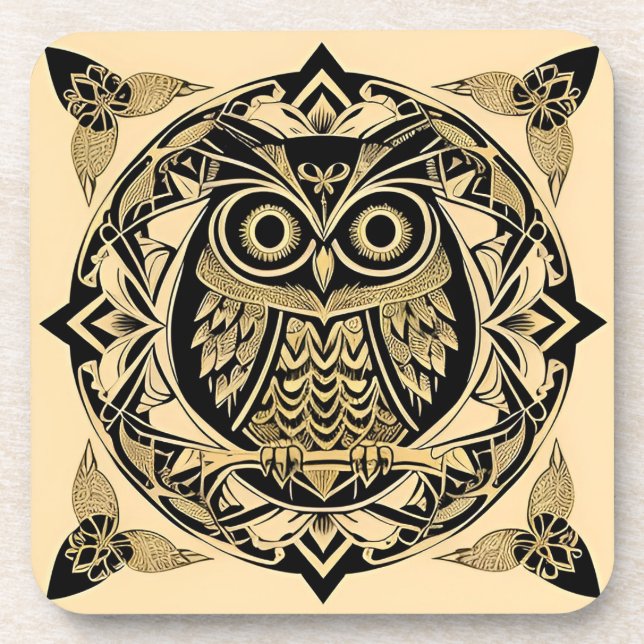 Golden Ornamental Owl with Decorative Design Coaster (Front)