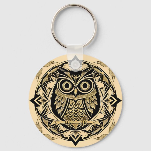 Golden Ornamental Owl with Decorative Design Key Ring (Front)