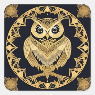 Golden Ornamental Owl with Decorative Design Square Sticker