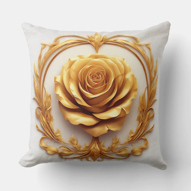 Golden Ornamental Rose Design Cushion (Front)