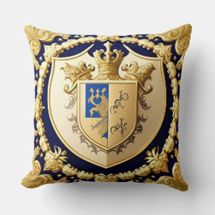 Golden Ornamental Shield Crest with Floral Accents Cushion