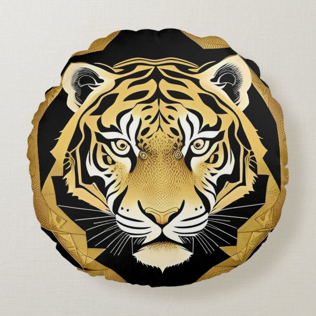Golden Ornamental Tiger Artwork Round Cushion (Front)