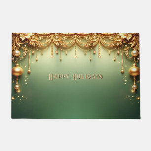 Golden Ornaments Festive Green Holiday Doormat