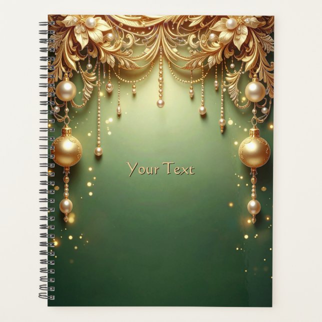 Golden Ornaments Festive Green Holiday Planner (Front)