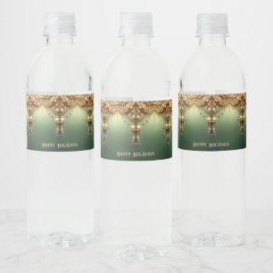Golden Ornaments Festive Green Holiday Water Bottle Label