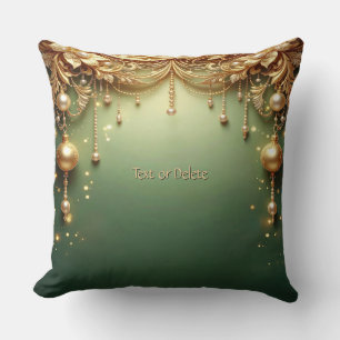 Golden Ornaments Festive Green Throw Pillow