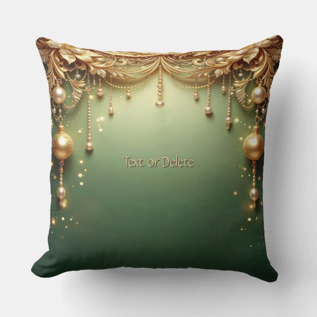 Golden Ornaments Festive Green Throw Pillow (Front)