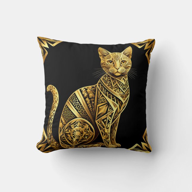 Golden Ornate Cat Illustration Cushion (Front)