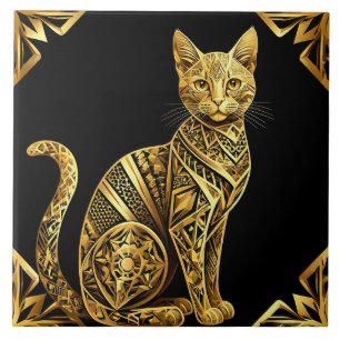 Golden Ornate Cat Illustration Tile