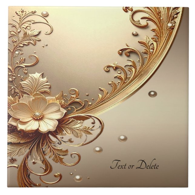 Golden Ornate Floral Ceramic Tile (Front)