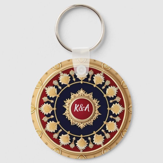 Golden Ornate Floral Circle Design Key Ring (Front)