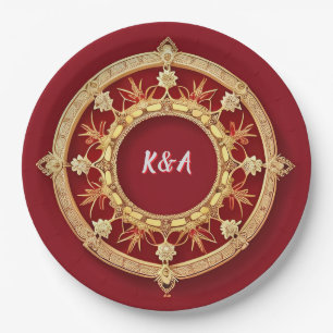 Golden Ornate Floral Circle Design Paper Plate