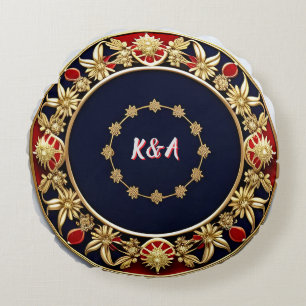 Golden Ornate Floral Circle Design Round Cushion