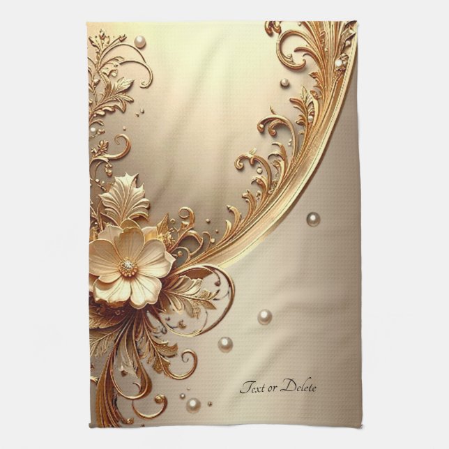 Golden Ornate Floral Kitchen Towel (Vertical)
