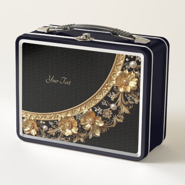 Golden Ornate Flowers Lunch box (Front)