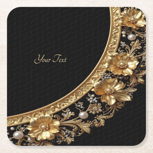 Golden Ornate Flowers Paper Coaster (Front)