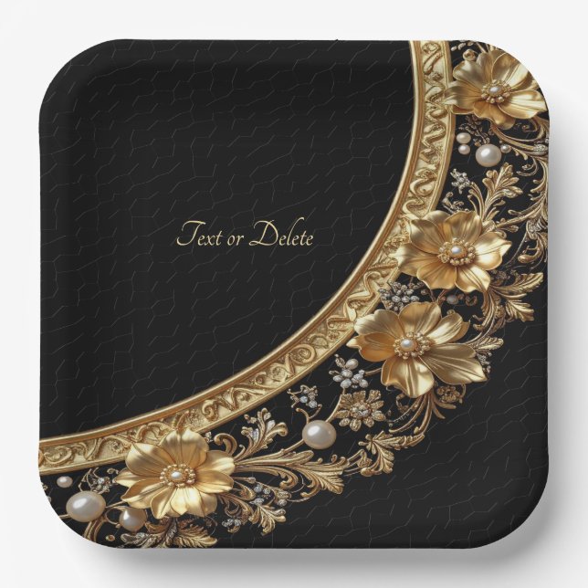 Golden Ornate Flowers Paper Plate (Front)