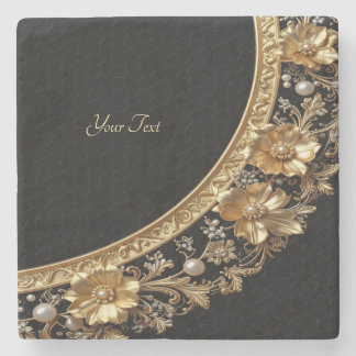 Golden Ornate Flowers Stone Coaster