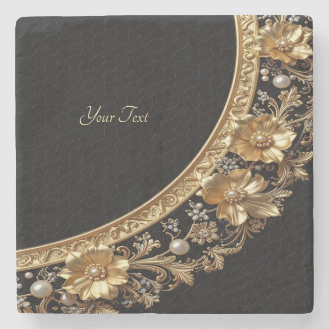 Golden Ornate Flowers Stone Coaster (Front)
