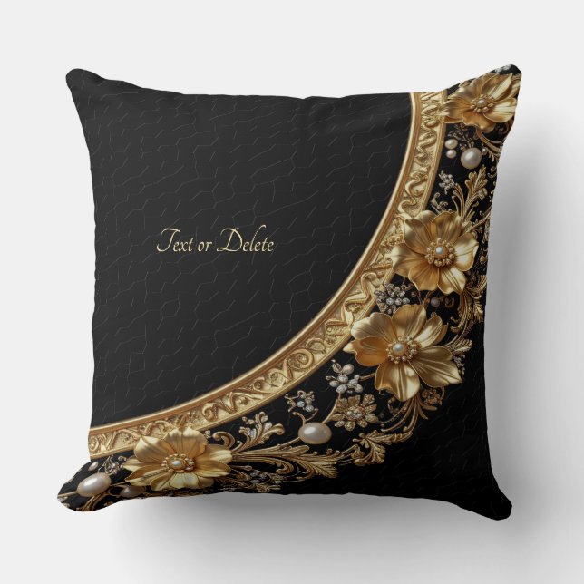 Golden Ornate Flowers Throw Pillow (Front)