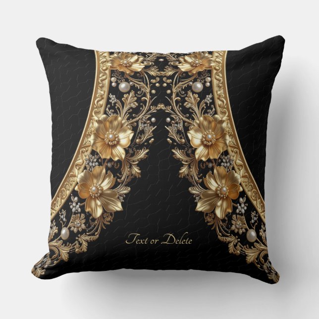 Golden Ornate Flowers Throw Pillow (Front)
