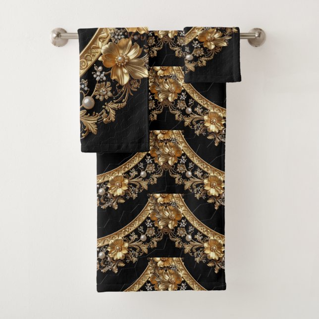 Golden Ornate Flowers Towel Set (Insitu)
