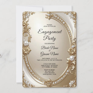 Golden Ornate Frame with Pearls Engagement Invitation