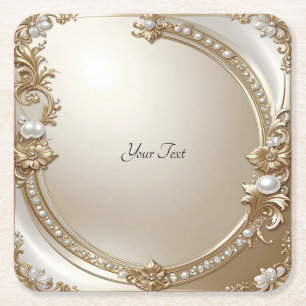 Golden Ornate Frame with Pearls Paper Coaster