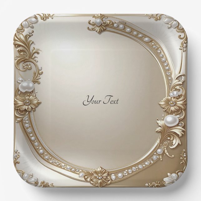 Golden Ornate Frame with Pearls Paper Plate (Front)