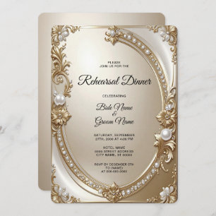 Golden Ornate Frame with Pearls Rehearsal Dinner Invitation