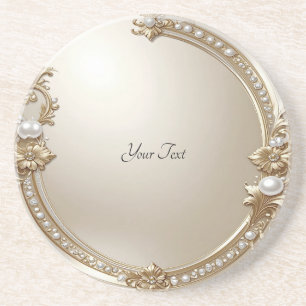Golden Ornate Frame with Pearls Sandstone Coaster