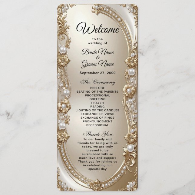 Golden Ornate Frame with Pearls Wedding Program Programme (Front)