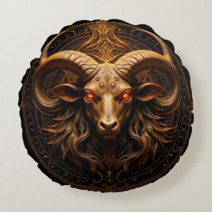 Golden Ornate Ram Head Round Cushion