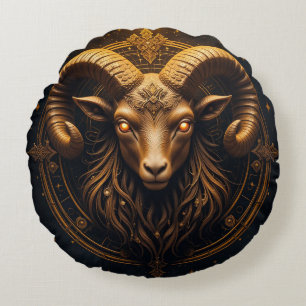 Golden Ornate Ram Head Round Cushion