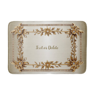 Golden Ornate Rectangle Dimond Flowers Shiny Bath Mat