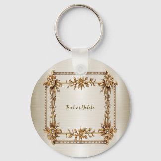Golden Ornate Rectangle Dimond Flowers Shiny Key Ring