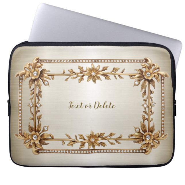 Golden Ornate Rectangle Dimond Flowers Shiny Laptop Sleeve (Front)