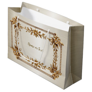Golden Ornate Rectangle Dimond Flowers Shiny Large Gift Bag