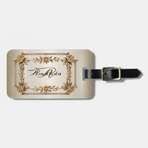 Golden Ornate Rectangle Dimond Flowers Shiny Luggage Tag
