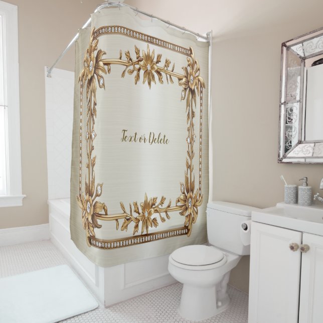 Golden Ornate Rectangle Dimond Flowers Shiny Shower Curtain (In Situ)
