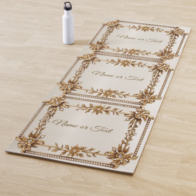 Golden Ornate Rectangle Dimond Flowers Shiny Yoga Mat (In Situ)