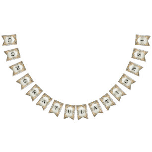 Golden Ornate White Flowers Bunting Flag