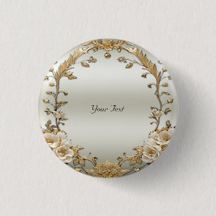 Golden Ornate White Flowers Button