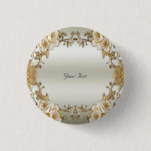 Golden Ornate White Flowers Button