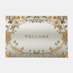 Golden Ornate White Flowers Doormat