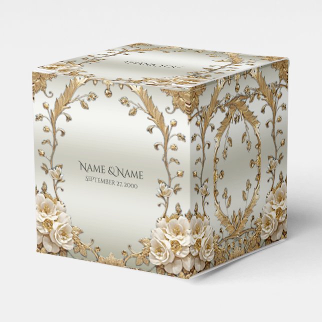 Golden Ornate White Flowers Favour Box (Front Side)