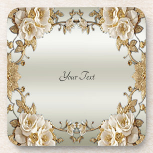 Golden Ornate White Flowers Hard Plastic Coaster